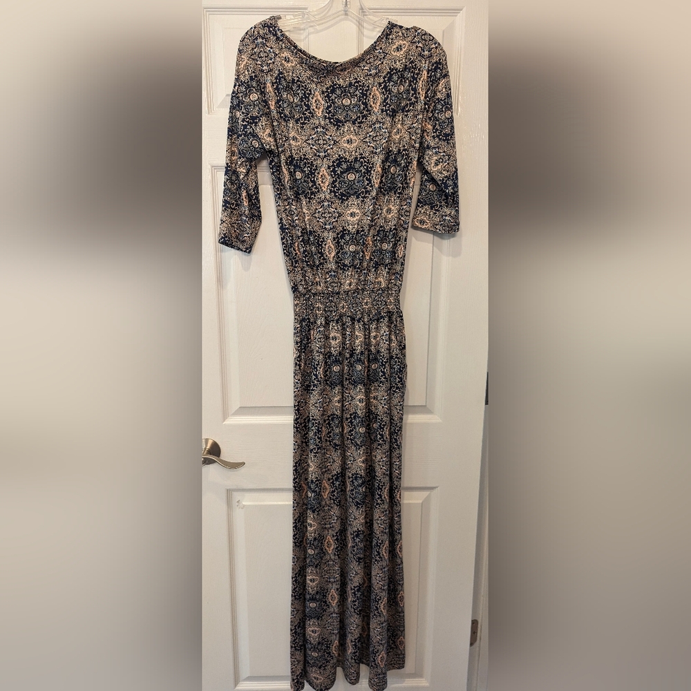Monica peysley floral long maxi dress elastic drop waist 3/4 sleeve stretch 8/M